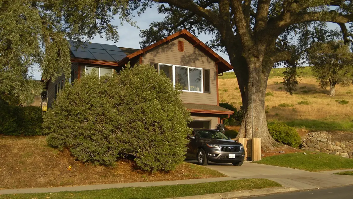 A two-story wood-sided home under big oak trees on a quiet East Bay street in late afternoon.